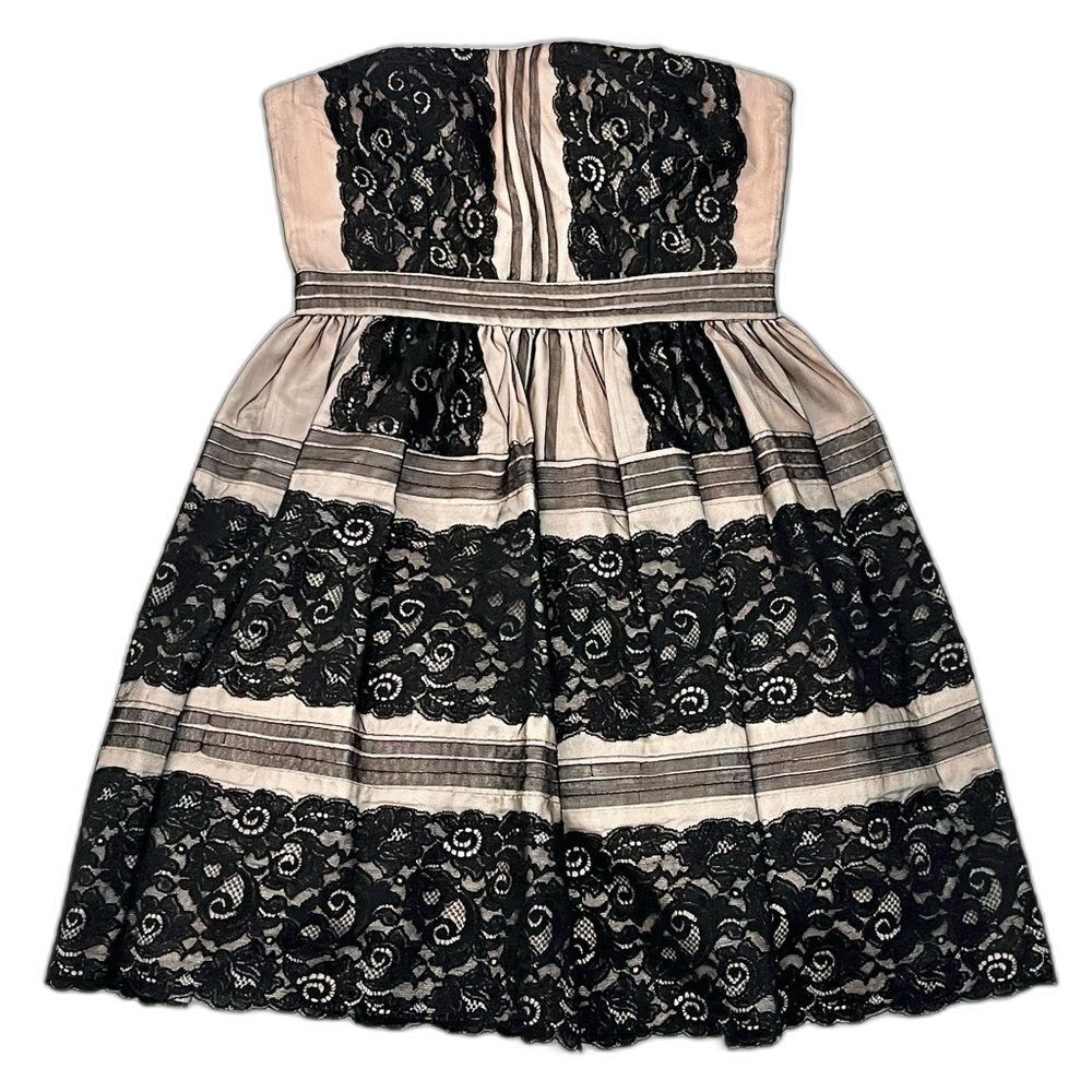 Aidan by Aidan Mattox Elegant Black Lace and Light Pink Strapless Mini Dress - Picture 2 of 16